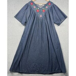 VTG Country Store Dress Womens 1X Denim Embroidered Floral Boho Mumu Cottagecore